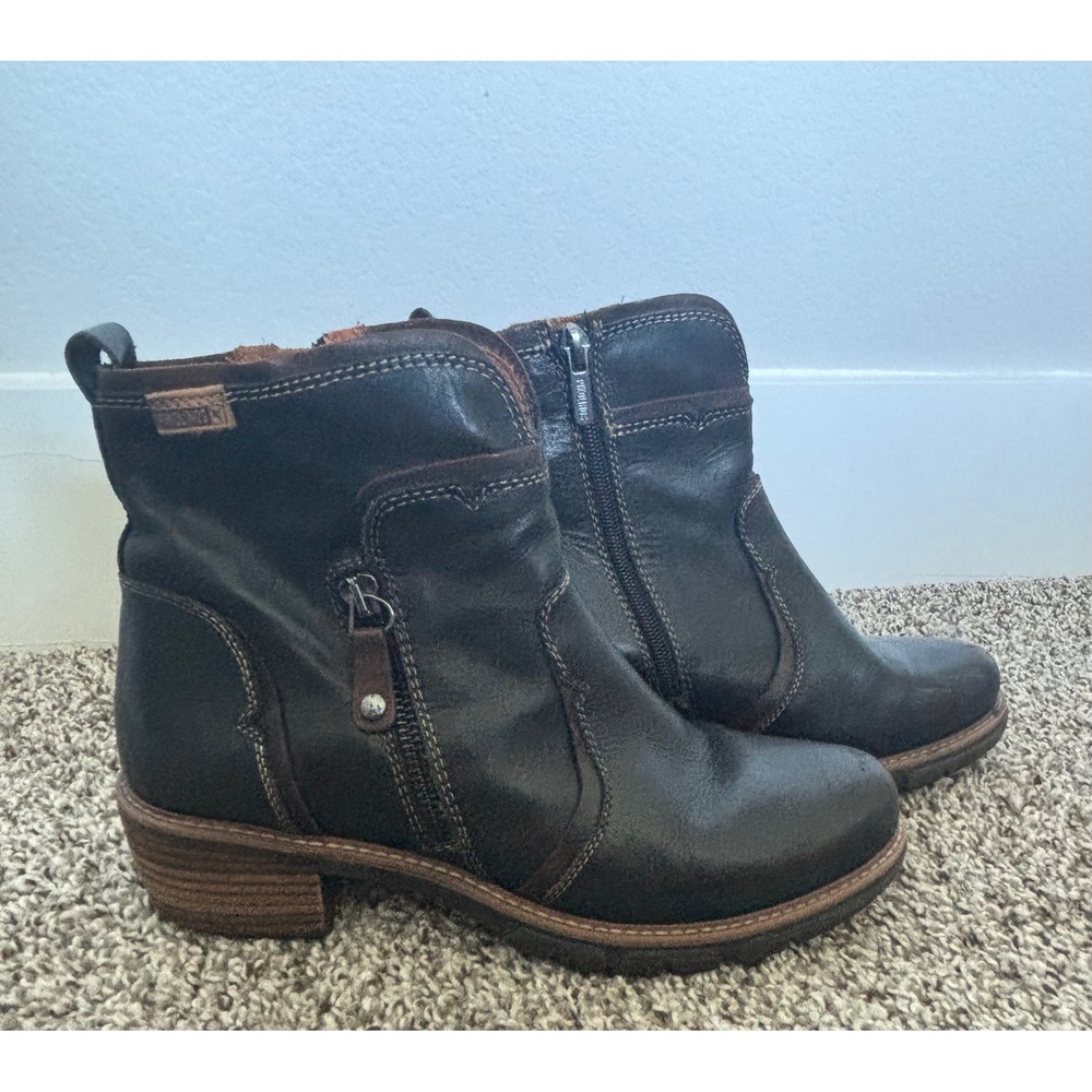 Pikolinos Dark Brown Leather Ankle Boots Side Zip Block Heel Womens Size 39